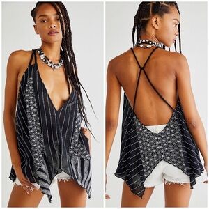 FREE PEOPLE Black Deep-V Neck Mesh Embroidered Strappy Back Layering Cami Top
